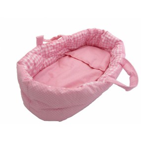 Poppendraagmand 47cm roze wit stip